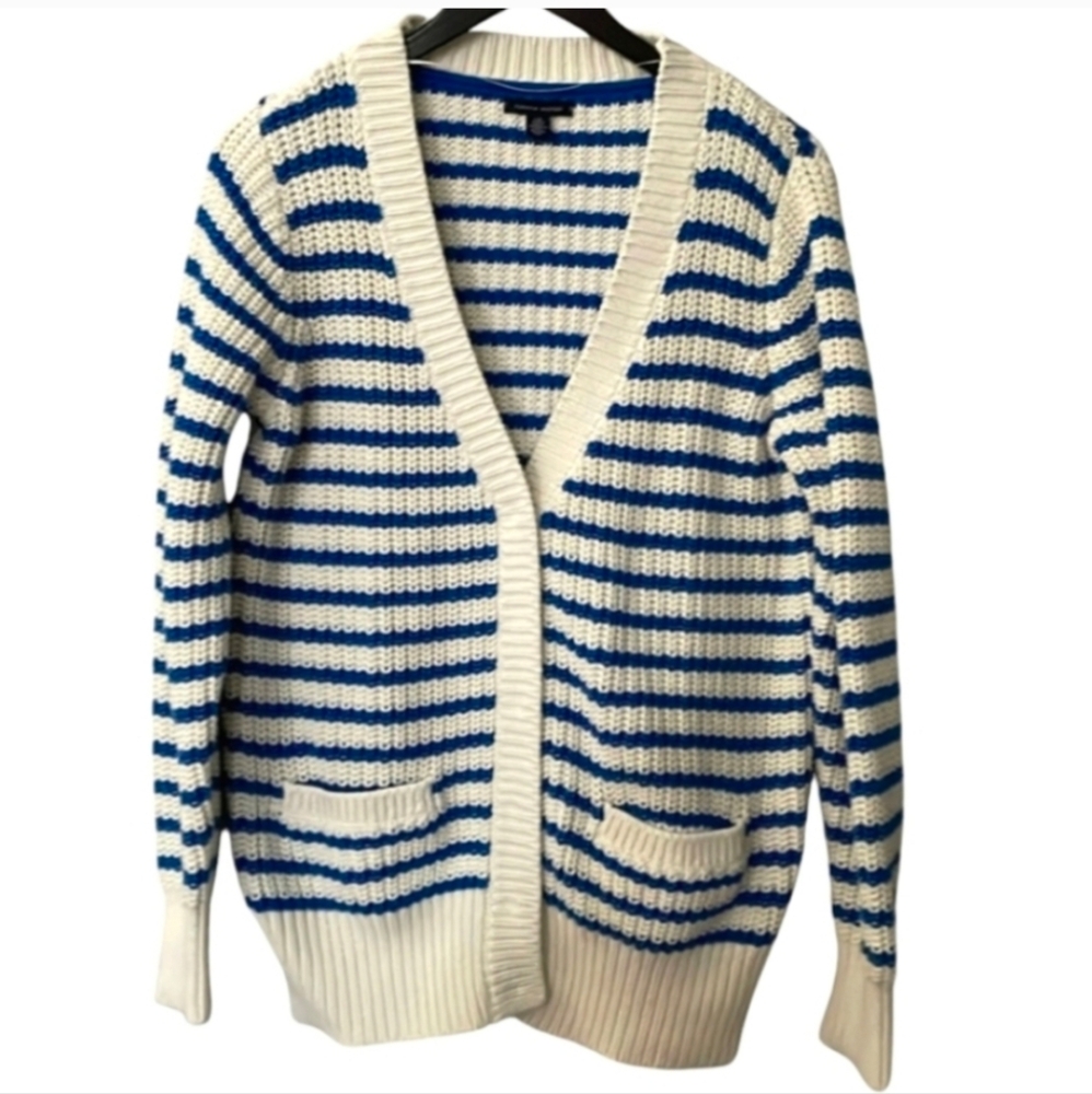 100% Cotton Tommy Hilfiger Blue and White Striped Knit Cardigan Size Large